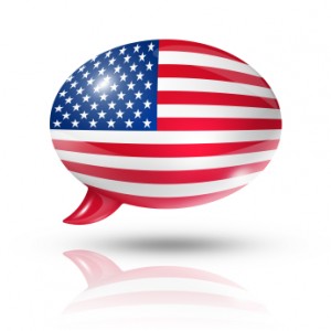 three dimensional USA flag in a speech bubble isolated on white with clipping path